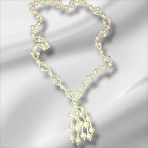 Braided faux pearl rope necklace with pearl tassel no clasp